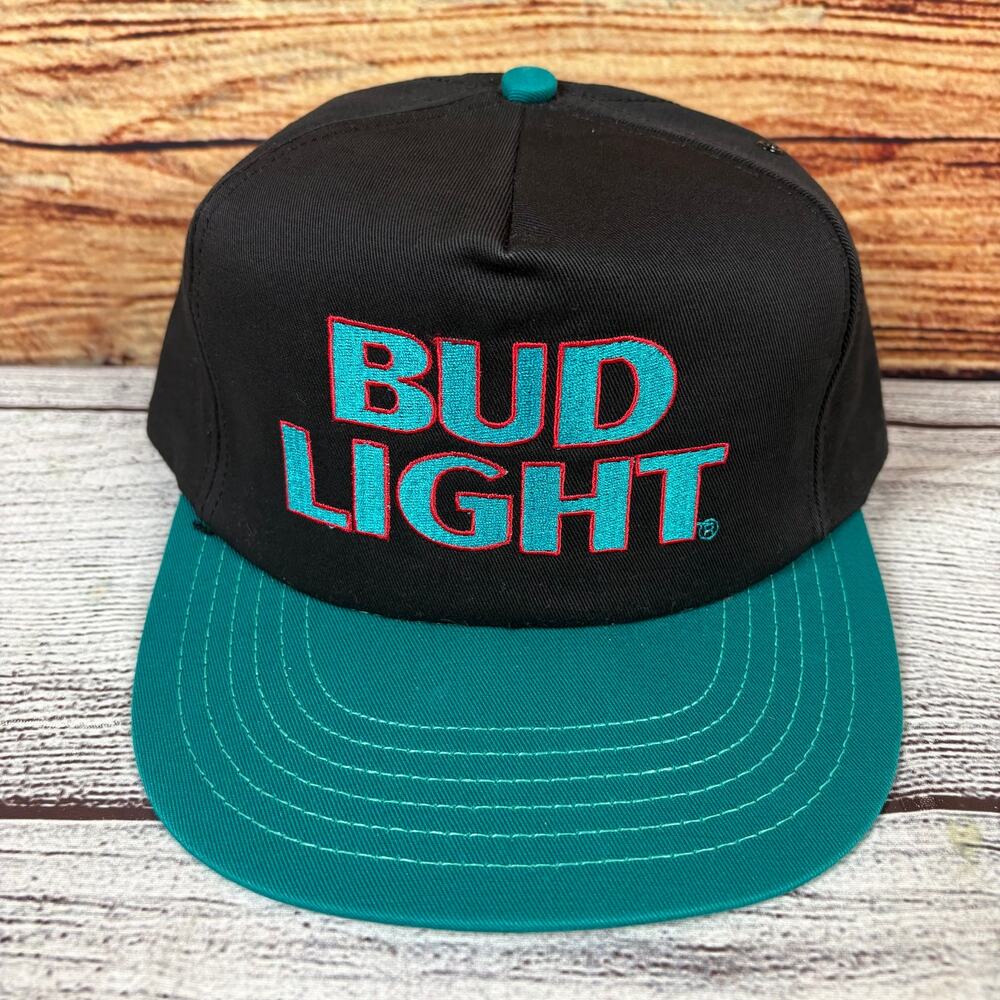Vintage 1990s Bud Light Teal & Black Snapback Budweiser Hat